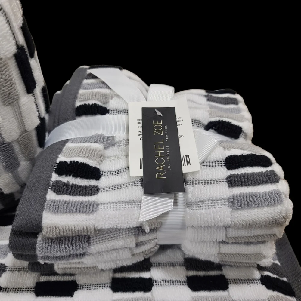 8pc Rachel Zoe Mosaic 100% Cotton Bath Hand Washcloth Towel Set Black White Gray